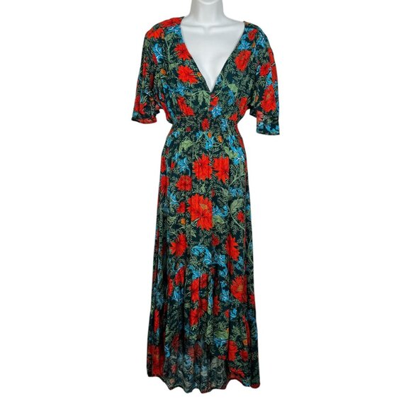 Abel the Label Floral High Lo Dress Maxi Boho Fantasy Flowers Print Red Green XS - Picture 1 of 10